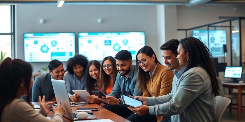 Team collaborating in a modern office with technology.