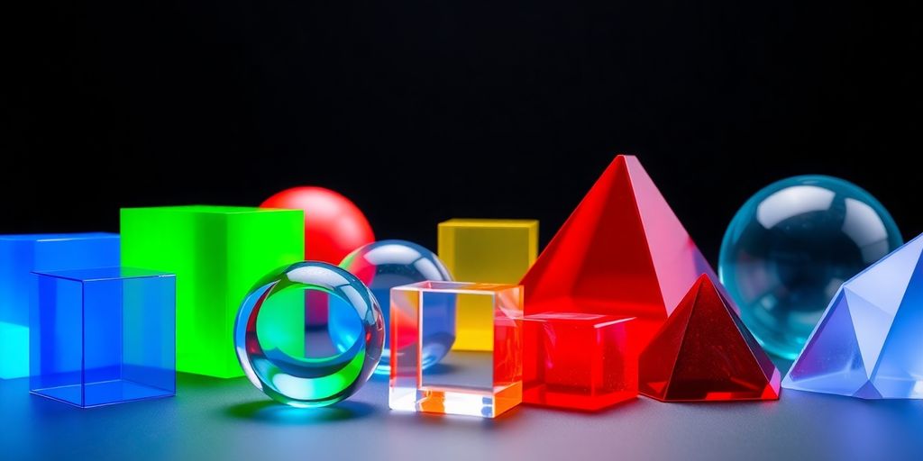 Colorful geometric shapes arranged on a dark background.
