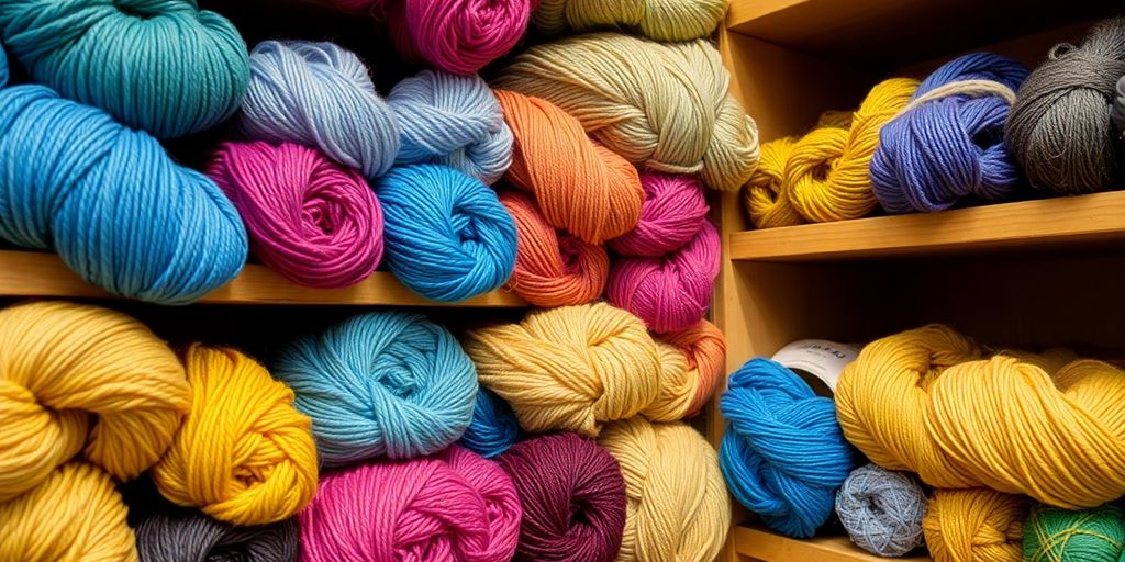 Colorful yarn skeins neatly arranged on shelves.