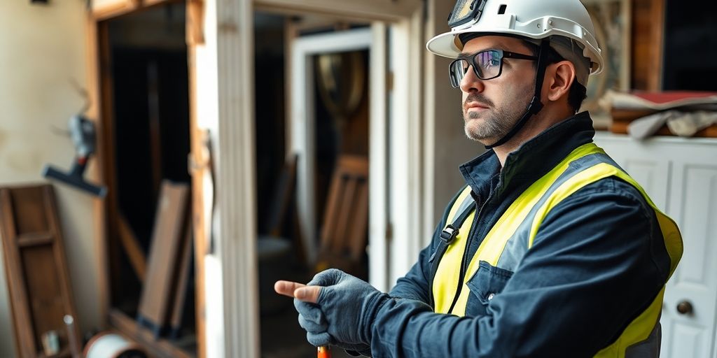 Professional inspecting damaged property for restoration evaluation.