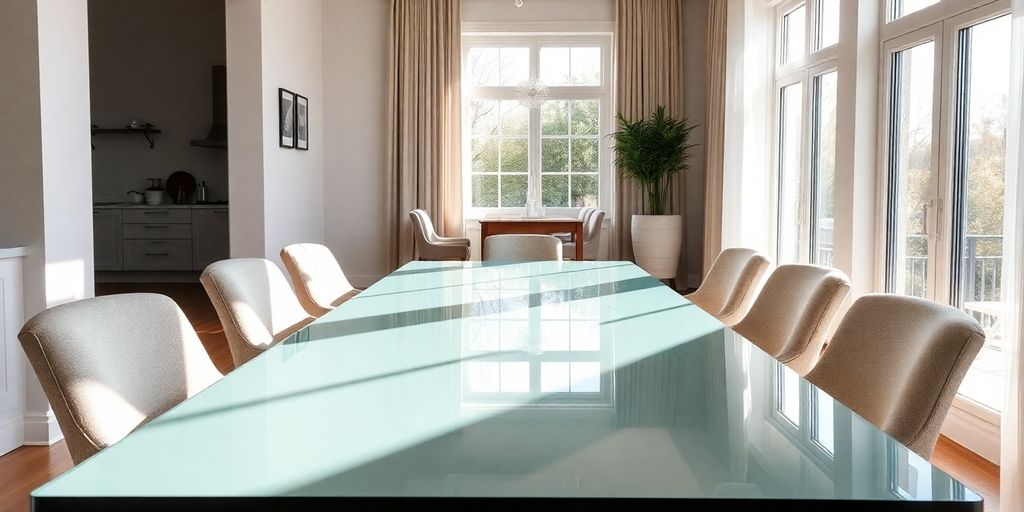 Modern glass dining table with chairs.