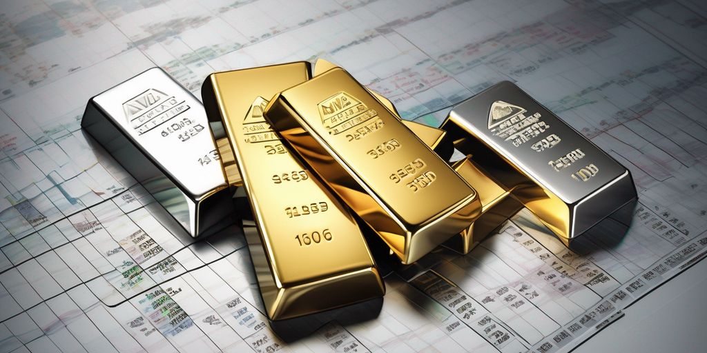gold and silver bars with stock market charts