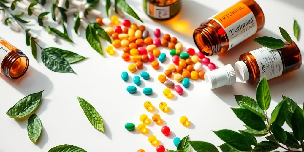 Diverse vitamins, supplements, and green leaves.