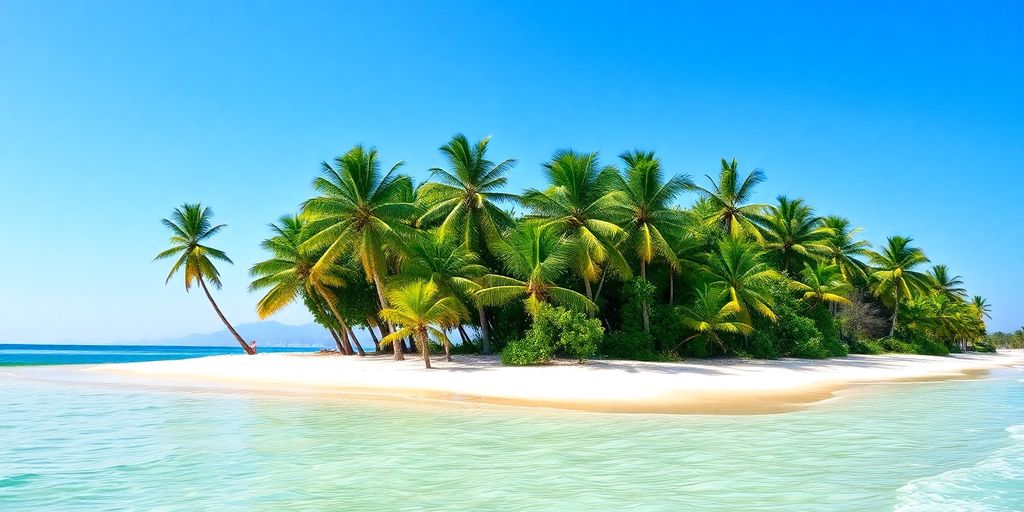 Sandy beach with palm trees and turquoise sea.