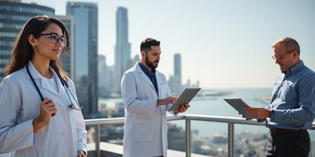 Diverse professionals on Chicago rooftop with skyline and lake backdrop