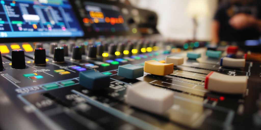 Close-up of a sound mixing console with colorful equalizers.