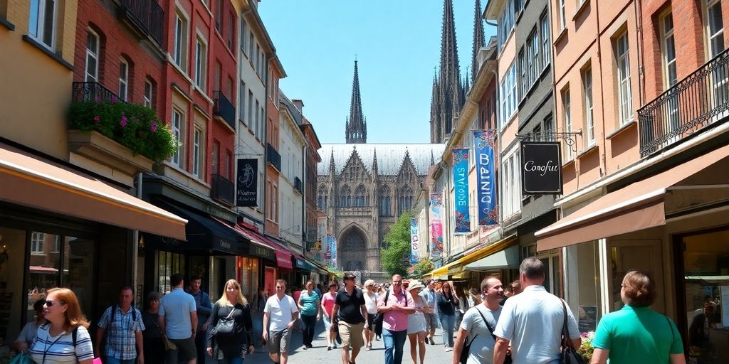 Einkaufsszene in Köln mit Blick auf den Dom.