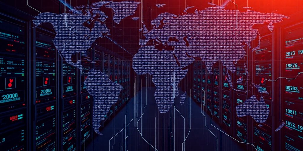 North Korean flag superimposed on a network of connected computer servers.