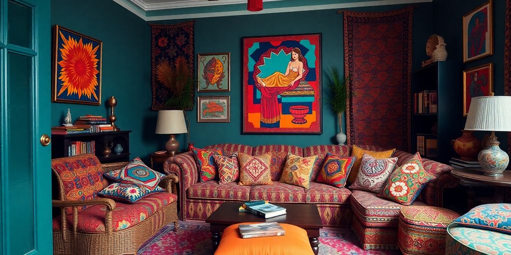 Colorful maximalist room with bold patterns and decor.