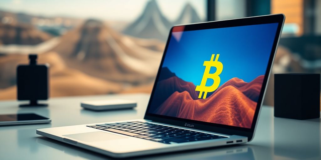 Laptop with Bitcoin logo and digital landscape background.