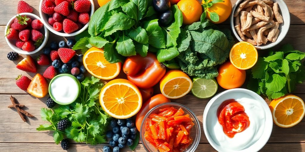 Colorful fruits, vegetables, and probiotics for gut health.