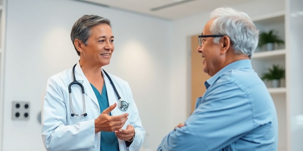 Medizinische Berufe: Wie eine Vermittlung abläuft und worauf Bewerber achten sollten Arzt und Patient im Gespräch mit blauem Akzent.