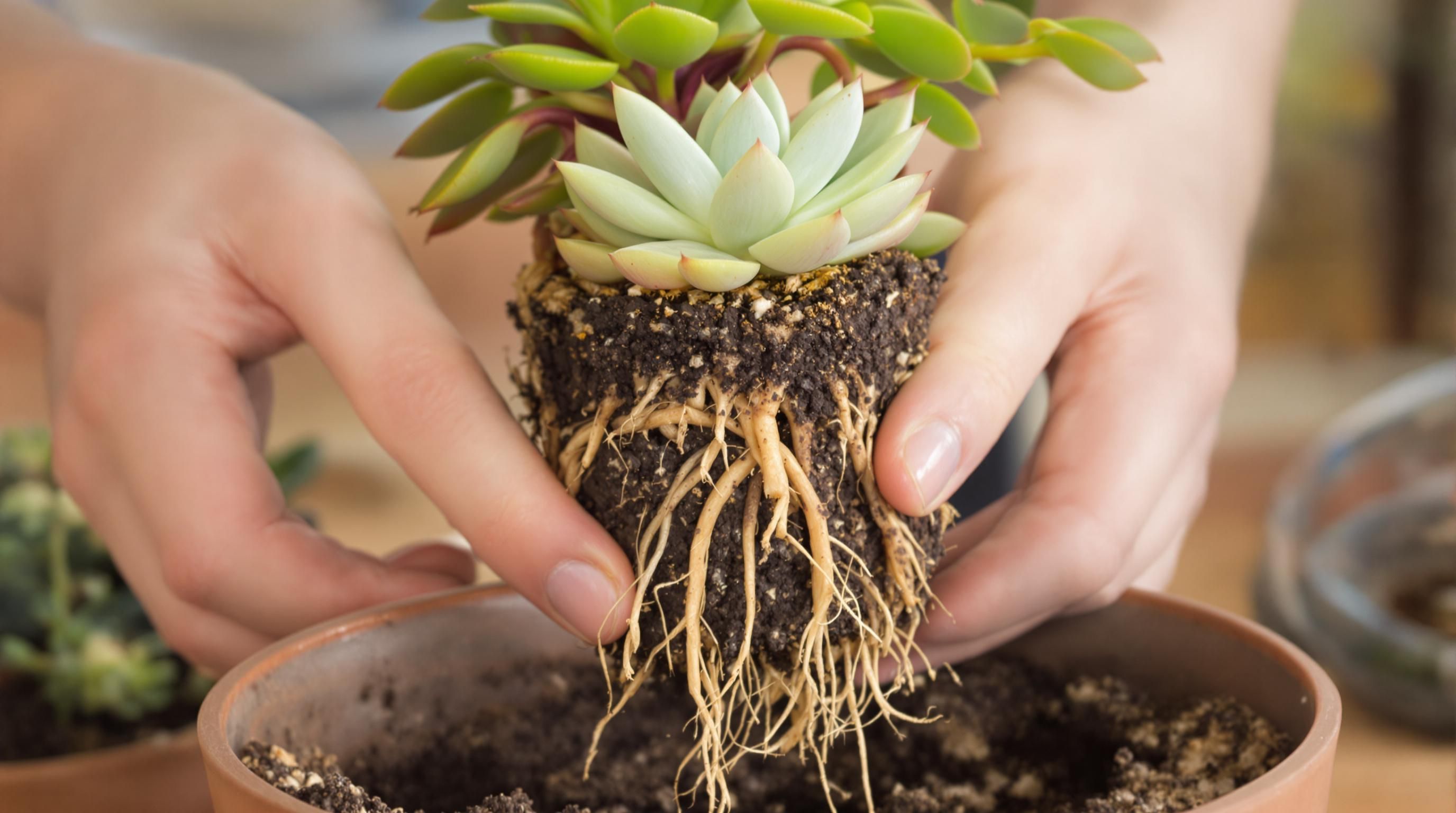 Suculentas siendo cuidadosamente trasplantadas a nuevas macetas.