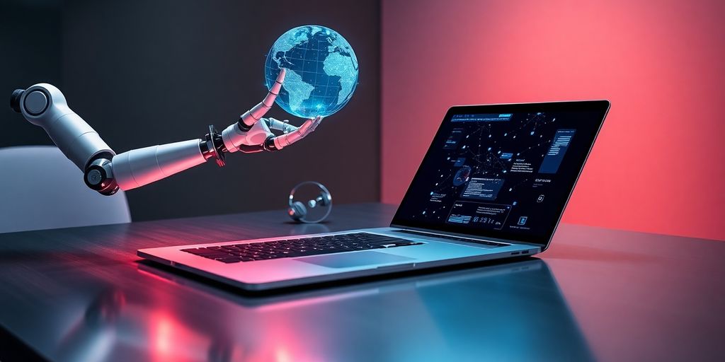 Laptop with glowing data nodes and robotic arm over desk.