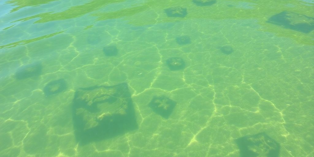 Clear blue water with aquatic plants visible.