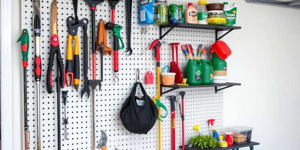 Pegboard rack with organized tools and items.