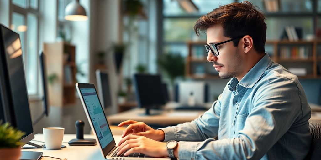 Person learning digital skills on a laptop in a workspace.