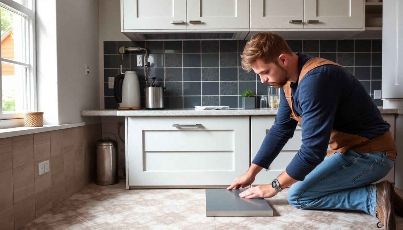 Tiler working on a kitchen floor in London.