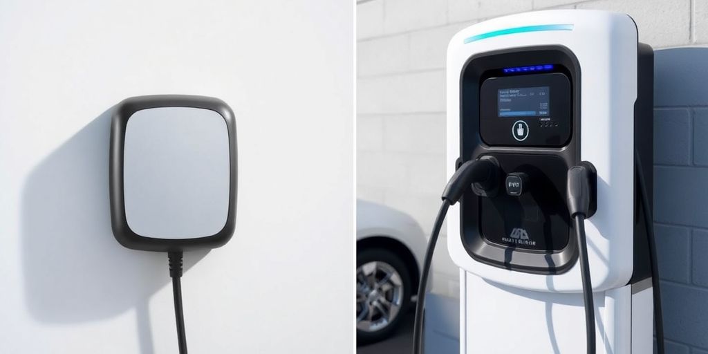 Home EV charger next to a commercial charging station.