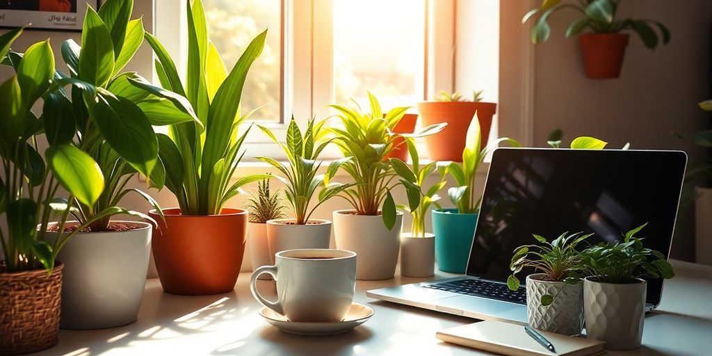 Bright workspace with plants, laptop, and warm sunlight.