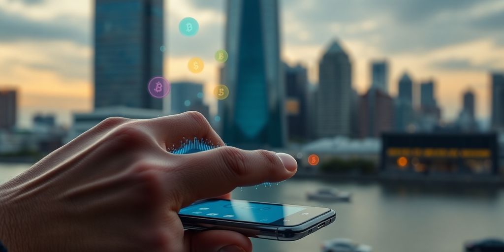 Best Crypto Off Ramp Options for 2025 For Seamless Transactions 3 Hand holding smartphone for cryptocurrency transaction in city.