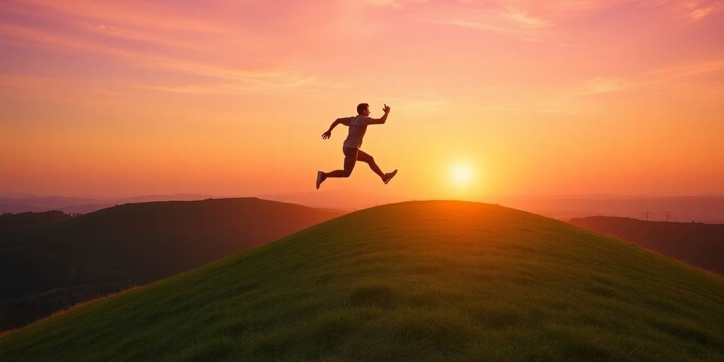 Person jumping forward over a hill at sunrise.
