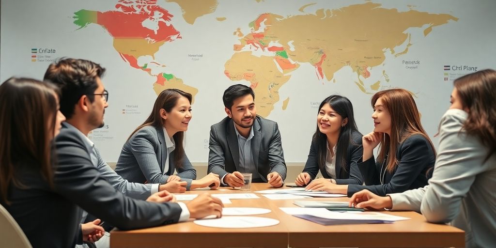 Group of professionals discussing global finance at a table.