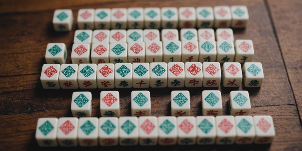 Mahjong tiles in grid on wooden table for accessibility.