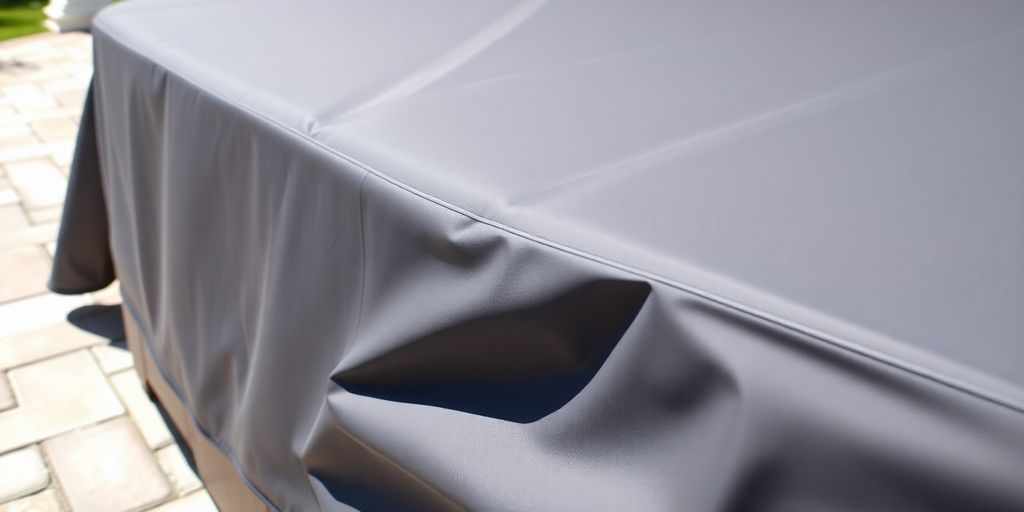 Durable hot tub cover on a sunny patio.