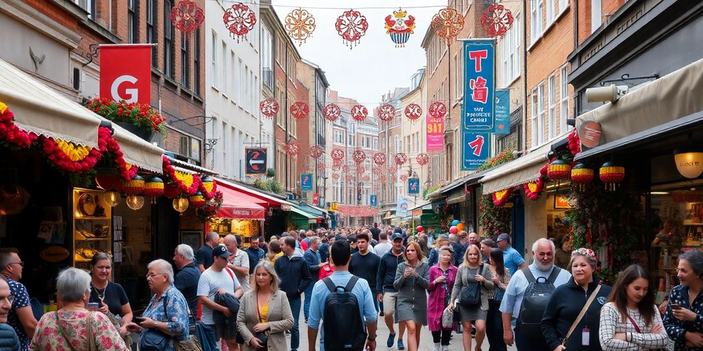 Street scene in a UK city with local culture.