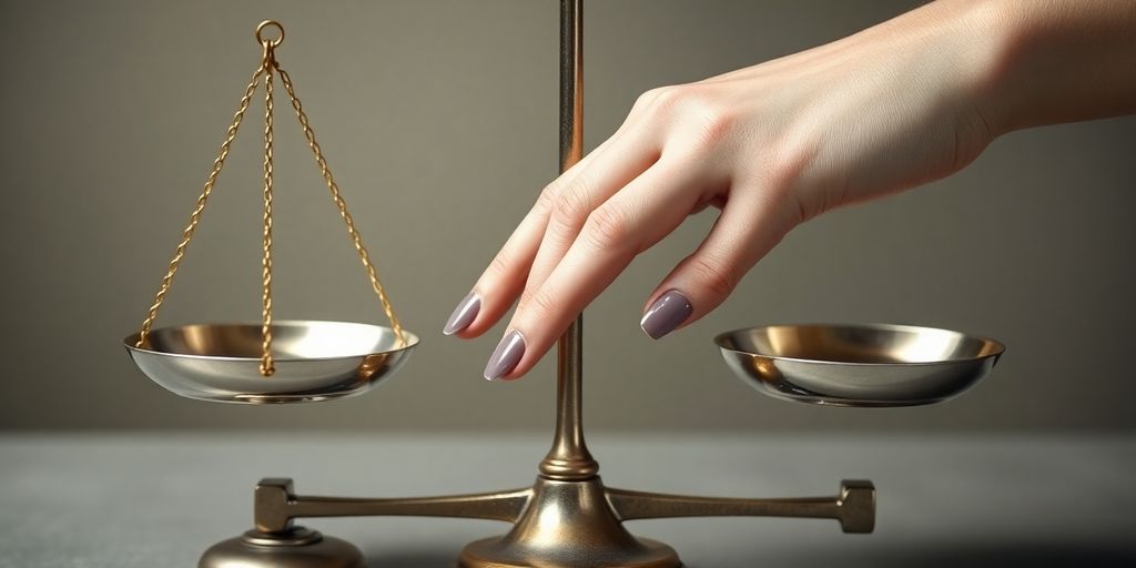Mão de mulher em balança da justiça.