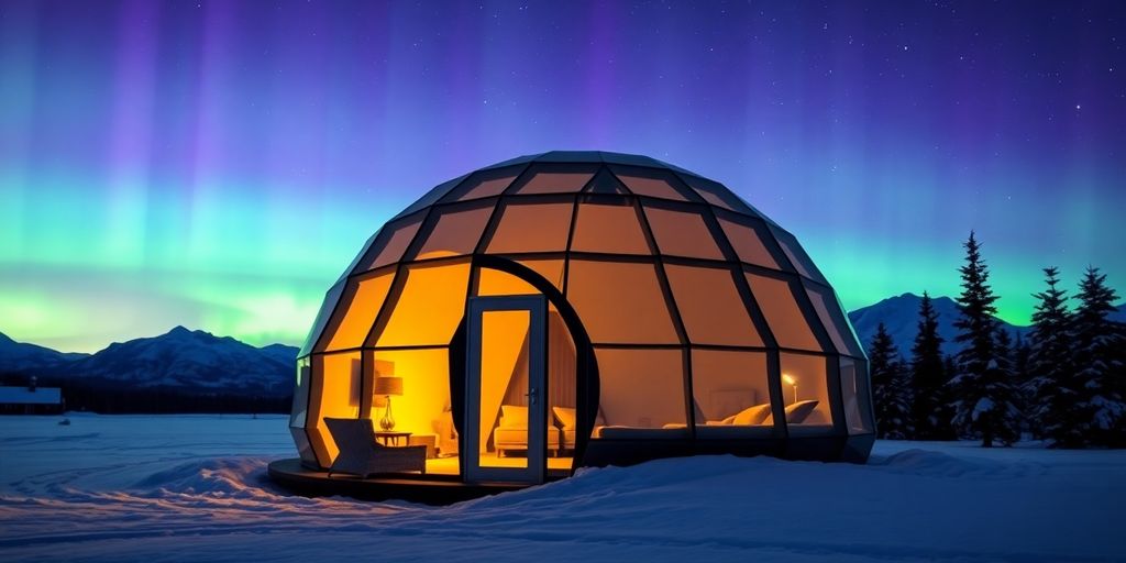 A luxury glass dome under the Alaskan northern lights.