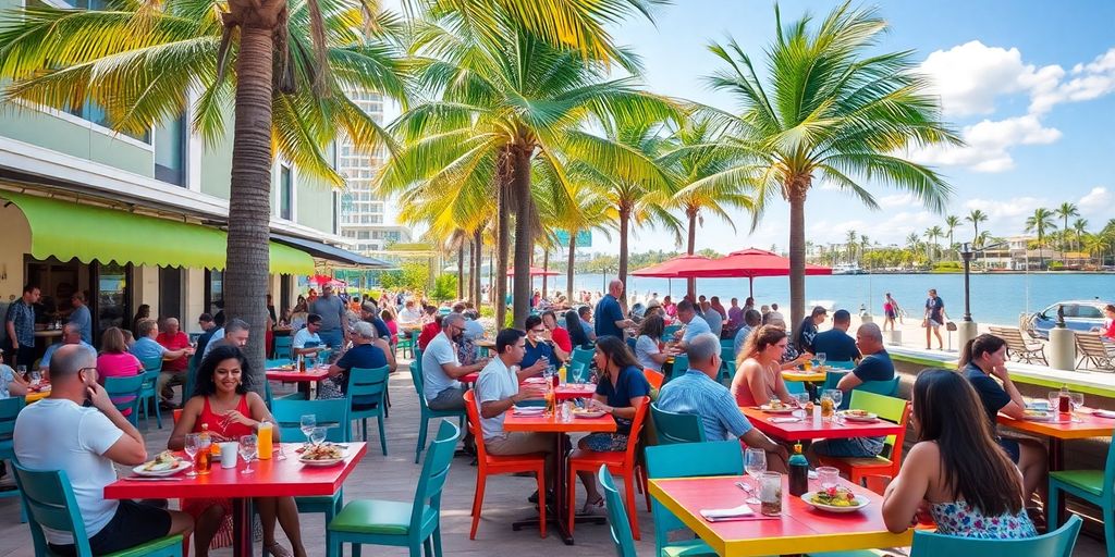 Outdoor dining scene in sunny Aventura, Florida.