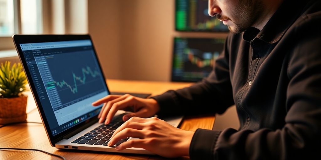 Person using laptop and smartphone in a trading setup.