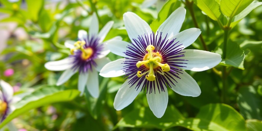 Close-up of passionflower blooms in a tranquil garden.