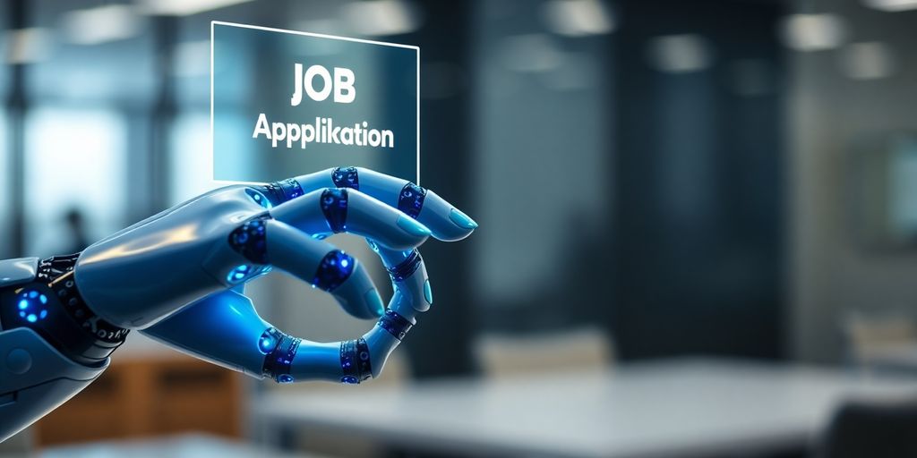 Robotic hand interacting with a digital job board.