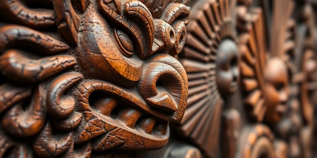 Intricate Marquesan carvings on a wooden statue.