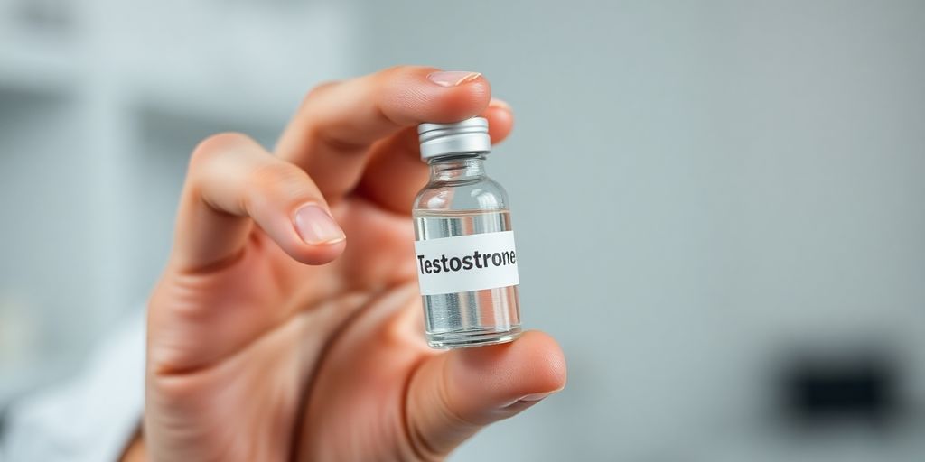 A close-up of a hand with testosterone vial.