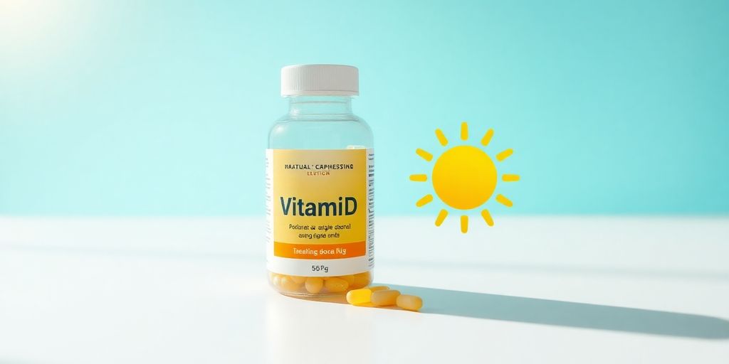 Bottle of Vitamin D supplements with a sun icon.