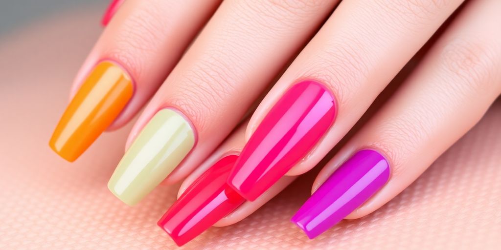 Unhas longas com cores vibrantes e brilho.