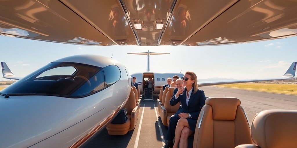 Private jet, luxurious interior, smiling people
