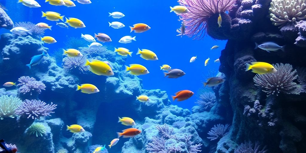 Colorful saltwater fish in a vibrant aquarium.