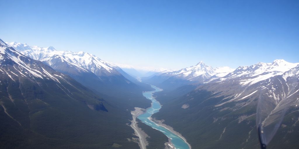 A helicopter flies over a vast Alaskan mountain range.