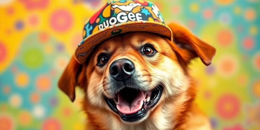 Playful dog in a colorful Government Doge cap.