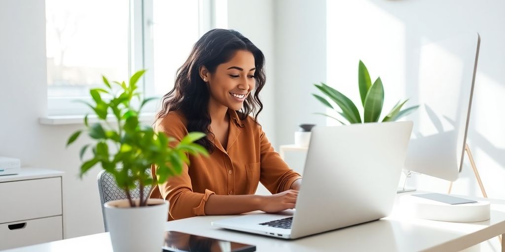 Woman typing on laptop, smiling, in home office