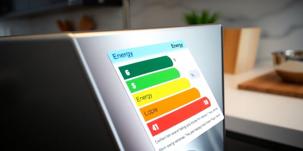 Energielabel op een modern huishoudapparaat in de keuken.