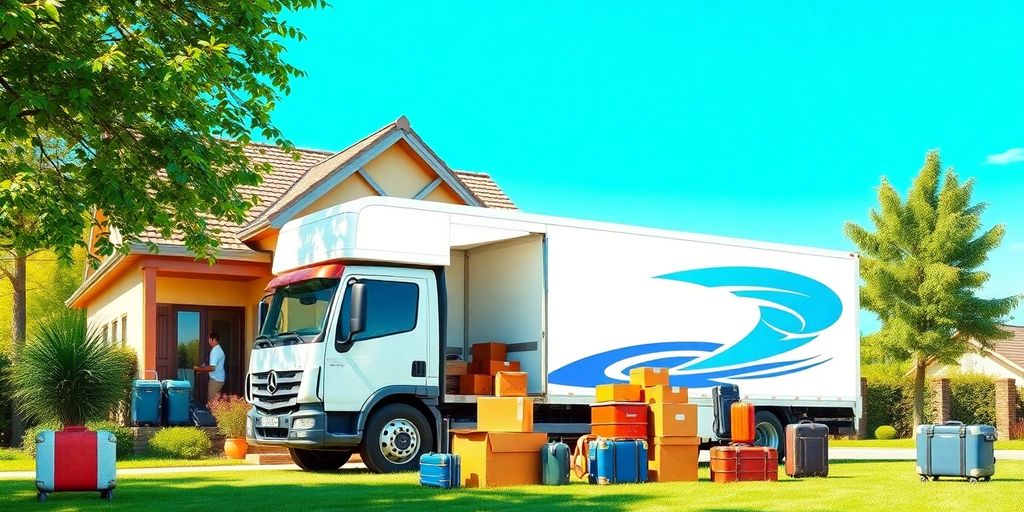 Umzugswagen vor einem Haus mit Kisten.