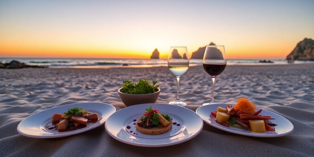Luxurious Cabo beach dinner with chef preparing food.