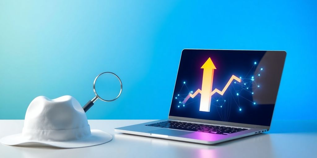 White hat, magnifying glass, laptop arrow, glowing blue-green network nodes