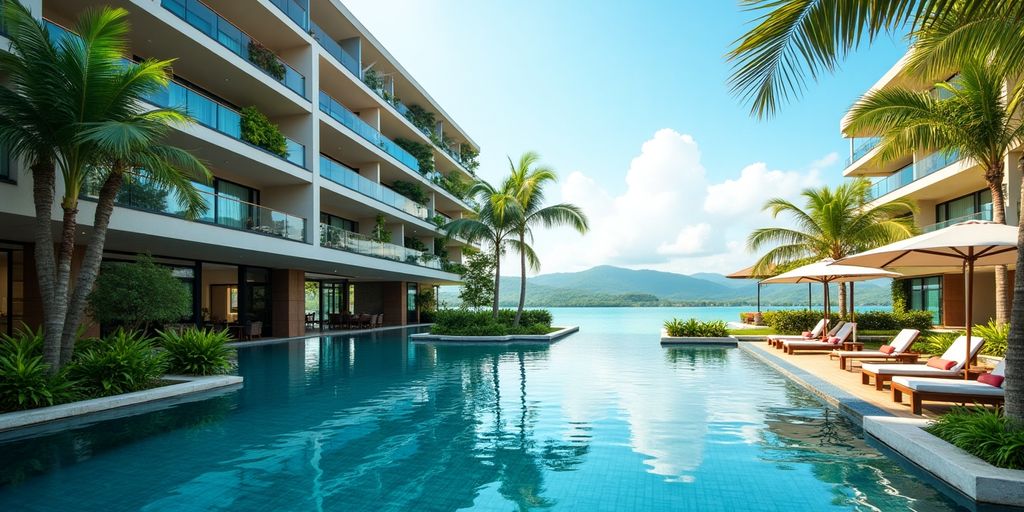 Modern condominium with pool and tropical surroundings in Phuket.